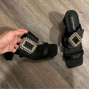 Black Satin Women's Shoes with Rhinestone Buckle
